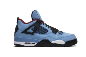 A front view of the outer side of the right shoe of the Jordan 4 Retro Travis Scott ‘Cactus Jack,’ showcasing its overall silhouette and blue suede uppe