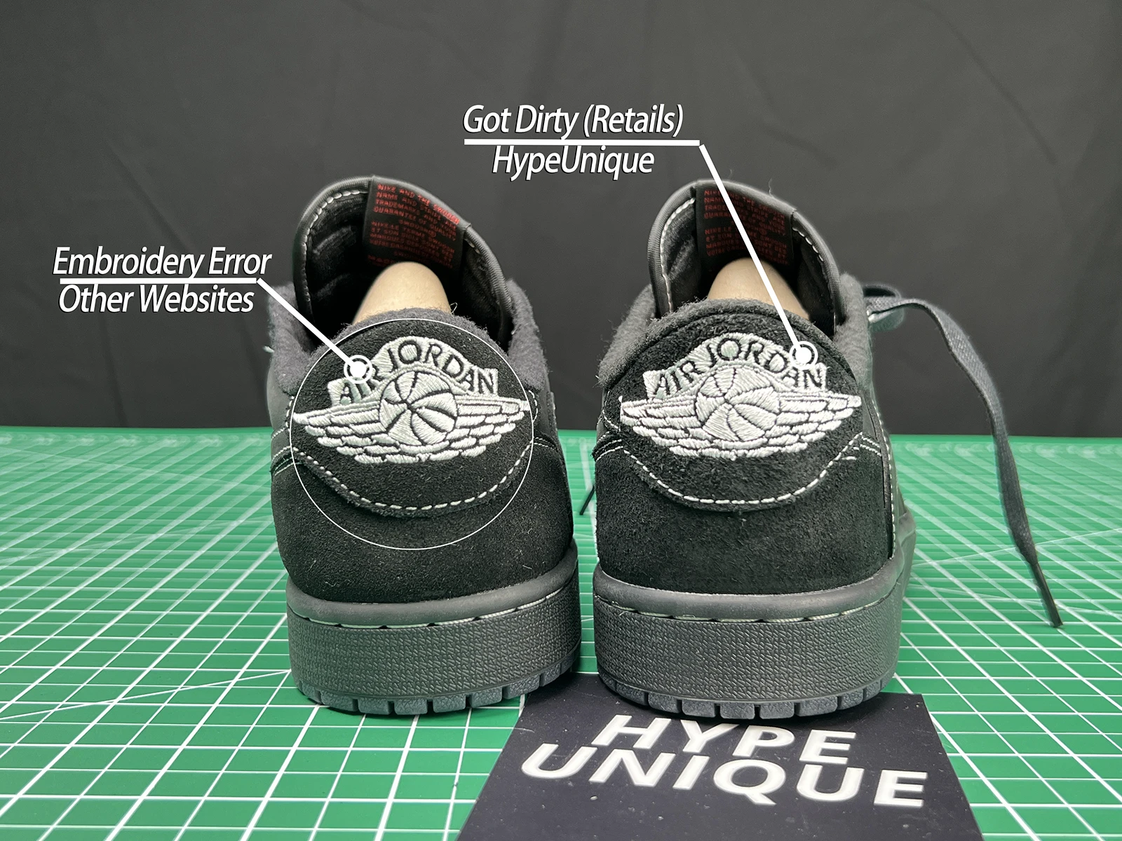 a pair of phantom jordan 1 shoes with white text