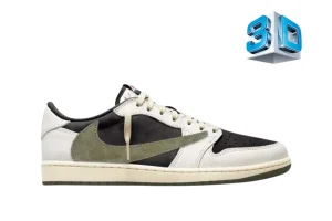 A front view of the outer side of the right shoe of the Travis Scott Air Jordan 1 Low OG ‘Olive,’ showcasing its overall black and red colorway and genuine leather material