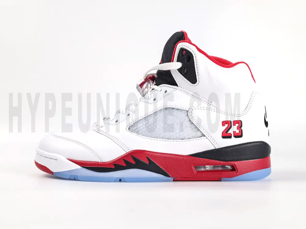 The left side of Air Jordan 5 “Fire Red” With Black Tongue