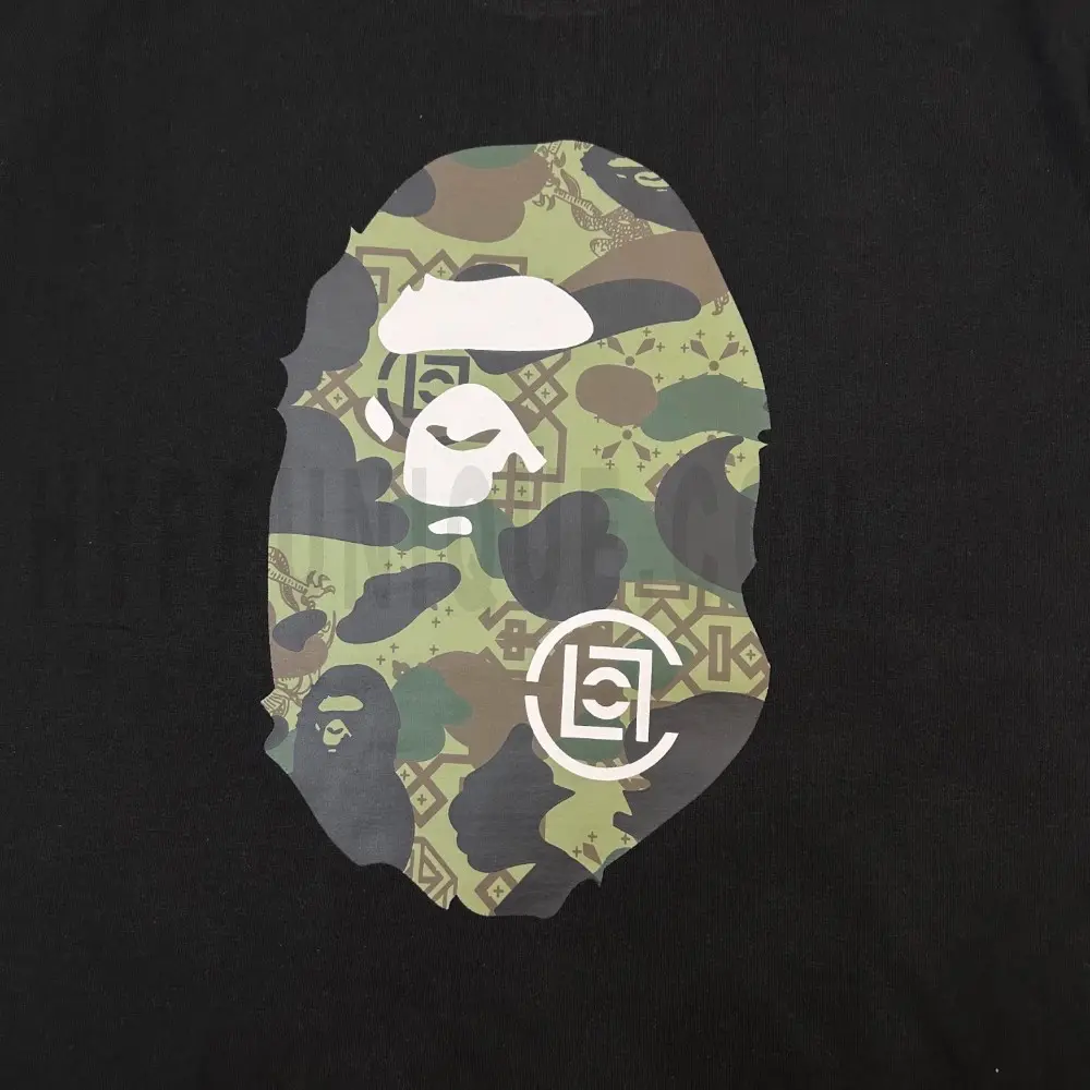 Detailed shot capturing the graphic print on the black tee's front panel.