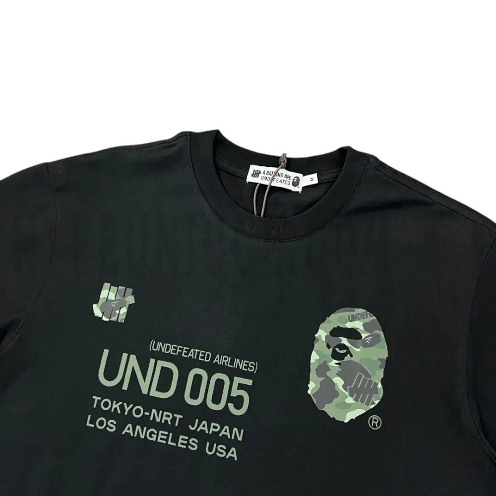 Detailed shot capturing the graphic print on the black tee's front panel.
