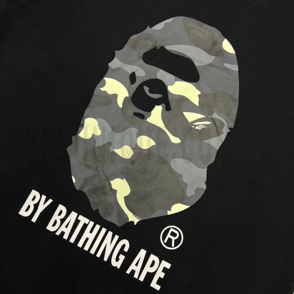 Detailed shot capturing the graphic print on the black tee's front panel.