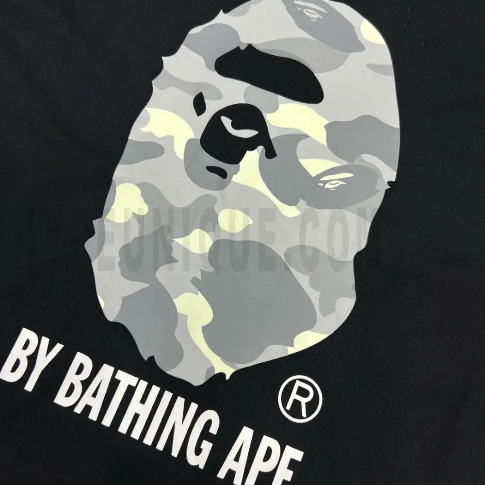 Detailed shot capturing the graphic print on the black tee's front panel.