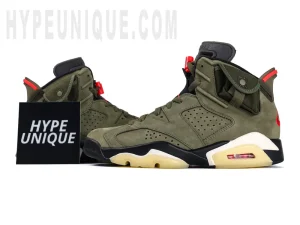 Front view of the Travis Scott x Air Jordan 6 Retro 'Olive' Reps