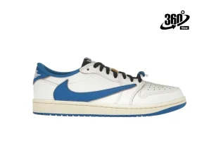 A front view of the outer side of the right shoe of the Fragment Design x Travis Scott x Air Jordan 1 Low OG, showcasing its overall silhouette and white leather upper.