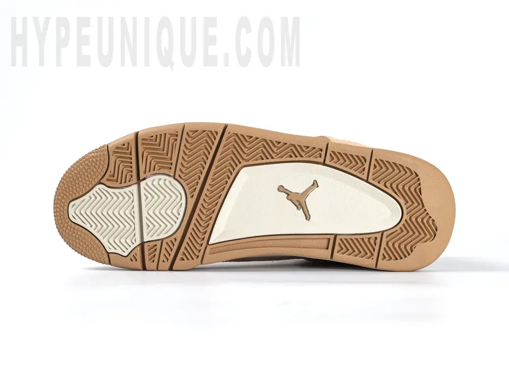 Tan suede Jordan 4 sneakers displayedeige outsole