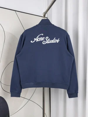 A back view of the Acne Studios Zip-Up Sweatshirt, showcasing its deep navy distressed vintage tone and premium fabric.