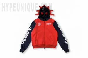 Front view of the Almighty II Gang Full Zip Hoodie. Showing the red and blue colorway and spiked hood.