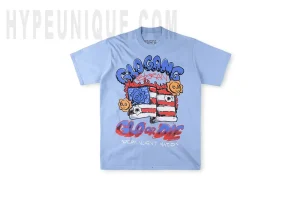 Glo or Die Veteran Tee blue front view. Blue material with American flag logo on the front.
