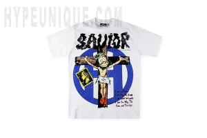 Hellstar Seditionary Savior Tee White front view. Mainly showing the Jesus cross logo in the middle