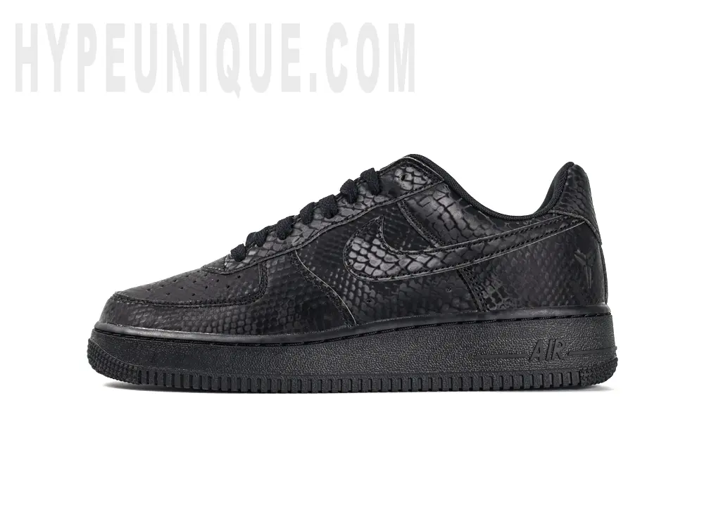 Kobe Bryant x Nike Air Force 1 Low left shoe inside view. Pure black snake scale leather material