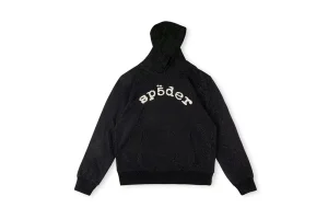 A front view of the Sp5der VVS Hoodie in Black, showcasing the hoodie’s overall design and appearance.