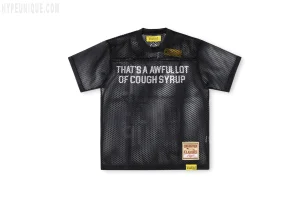 That's A Awful Lot of Cough Syrup Letter Mesh T-shirt, black, front view. Showing the mesh fabric and the brand's printed logo on the chest.