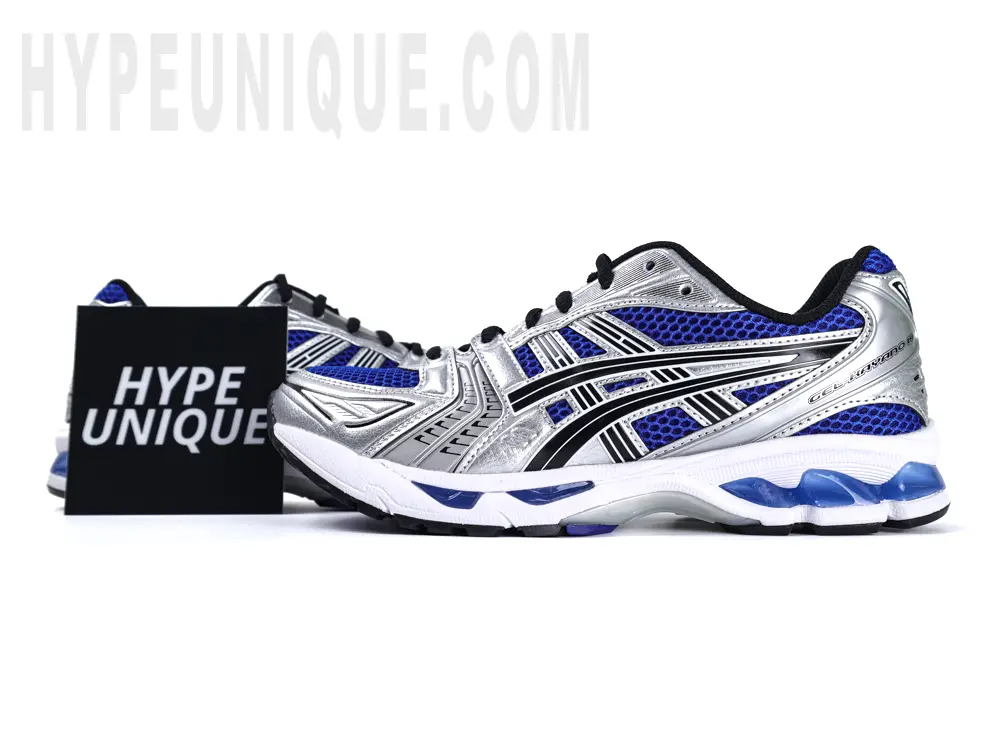 Front view of the ASICS Gel-Kayano 14 “Monaco Blue” alongside the Hypeunique brand logo.