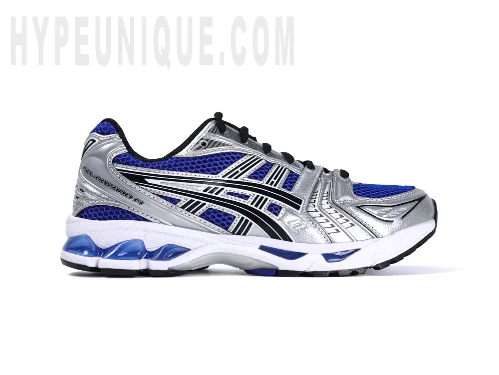 Right lateral side view of the ASICS Gel-Kayano 14 “Monaco Blue”, showcasing the black, silver, and blue mesh upper material.