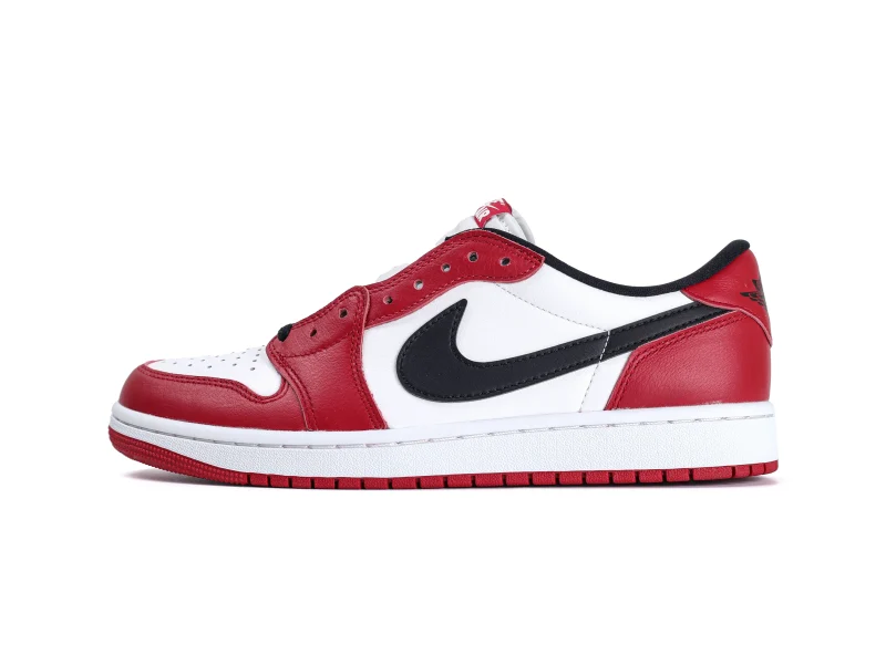 Front view of the outside of the left shoe of the Jordan 1 Retro Low OG Chicago (2025)