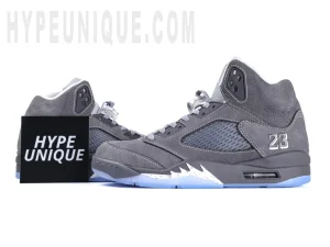 Jordan 5 ‘Wolf Grey’ paired with Hypeunique brand logo in a combined shot.