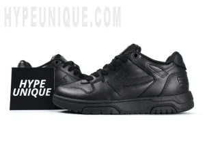 A photo of the Off-White Out of Office Low 'Triple Black' and the hypeunique logo.