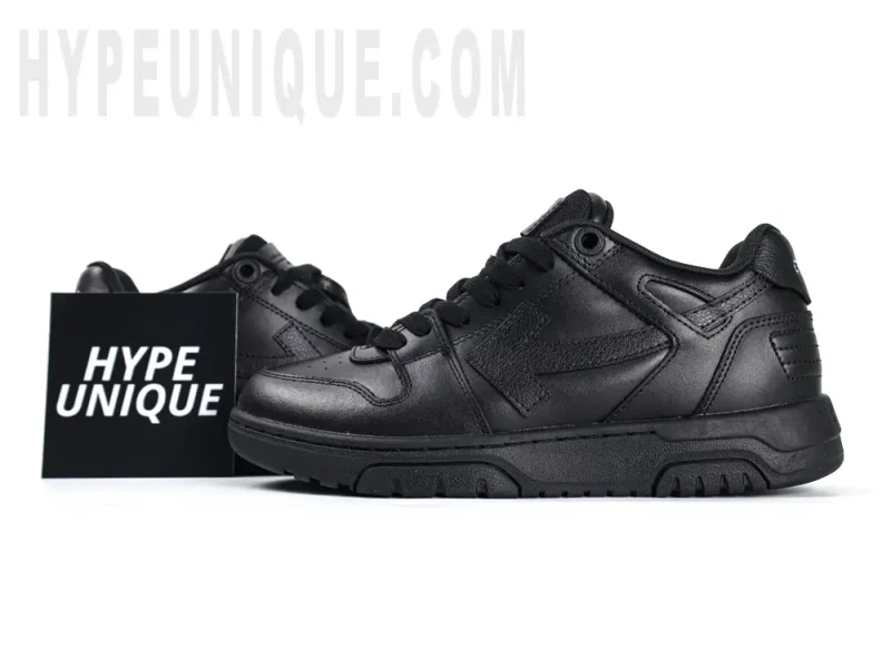 A photo of the Off-White Out of Office Low 'Triple Black' and the hypeunique logo.