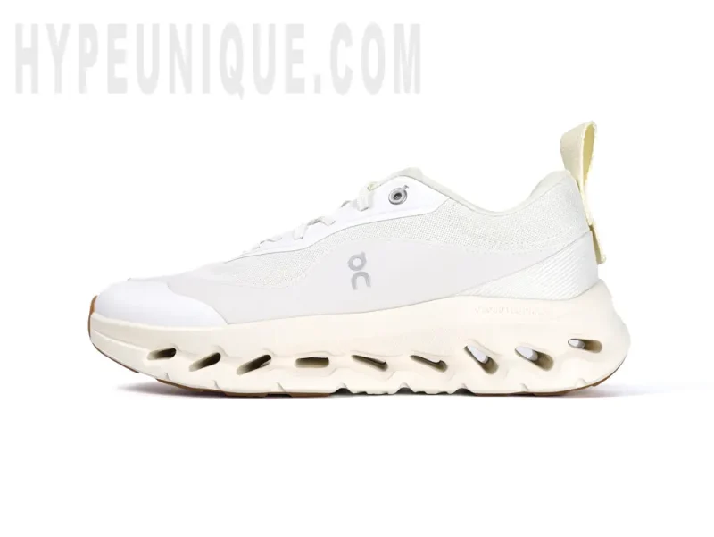 Front view of the left shoe outer side of the On Cloudtilt Loewe 2 ‘All White’, showcasing the all-white design and breathable mesh material