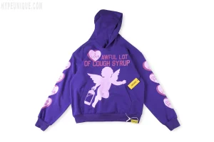 That's an Awful Lot of Cough Syrup. I LOVE YOU. (Purple Hoodie front view. Pink angel logo.)