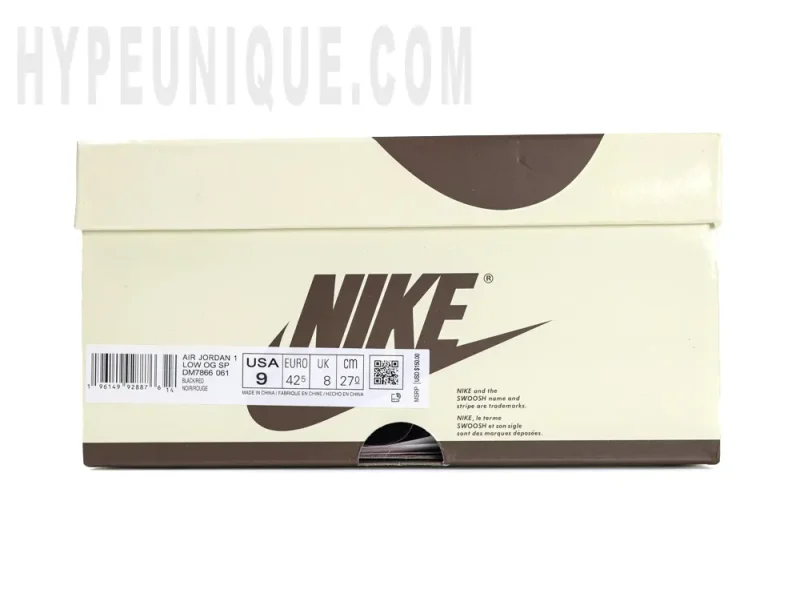 Beige shoe box with size and shoe SKU information label on the lower left corner.