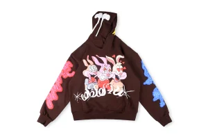 Brown hoodie with graphic design.