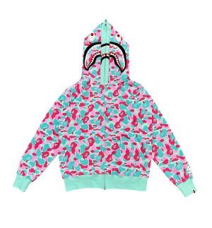 BAPE Store Miami Shark Full Zip Hoodie Pink/Blue Front View
