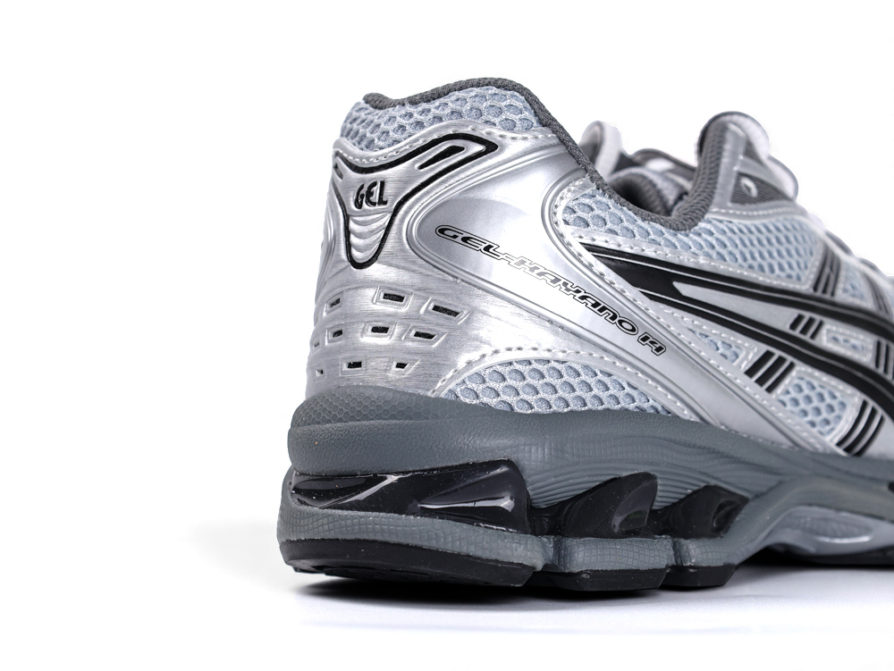 Silver and black running shoes.