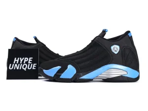 A photo of Jordan 14 Retro Black University Bluexie shoes.