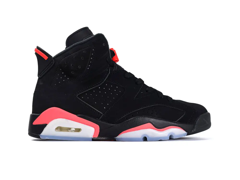 Front view of the outside of the left shoe of the Jordan 6 Retro Black Infrared.