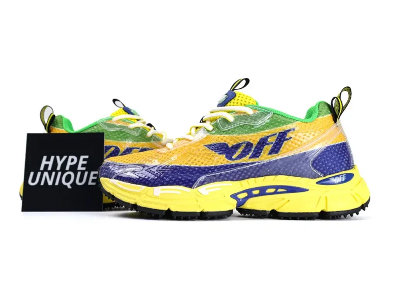 A photo of the OFF-WHITE Be Right Back Formula 1 Yellow Blue shoes together.