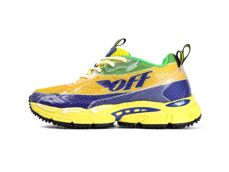 Front view of the outside of the left shoe in OFF-WHITE Be Right Back Formula 1 Yellow Blue.
