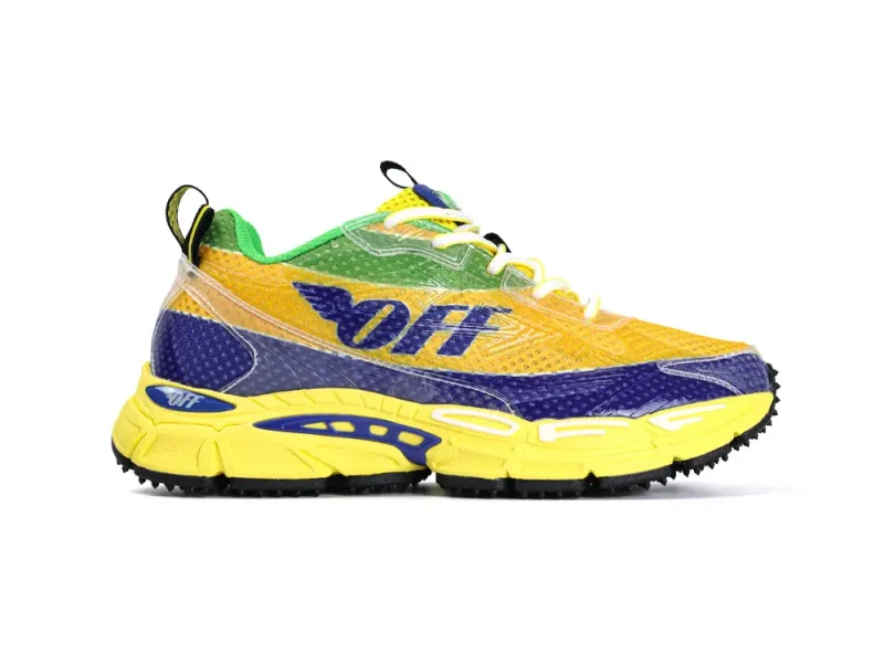 Front view of the inside of the right shoe in the OFF-WHITE Be Right Back Formula 1 Yellow Blue shoe.