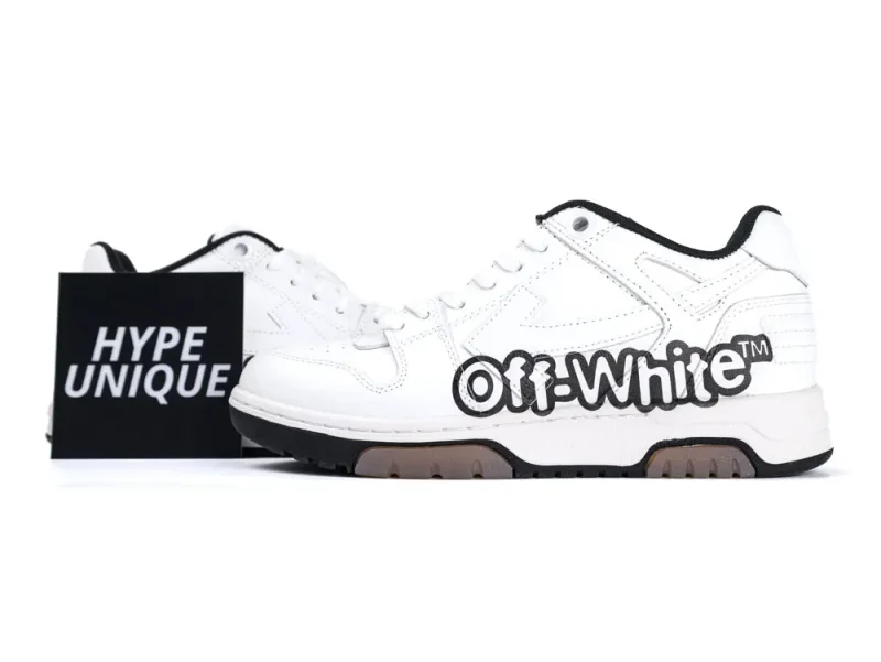 A collection of photos featuring Off-White Out of Office Low 'Logo Print - White Black' logo prints.