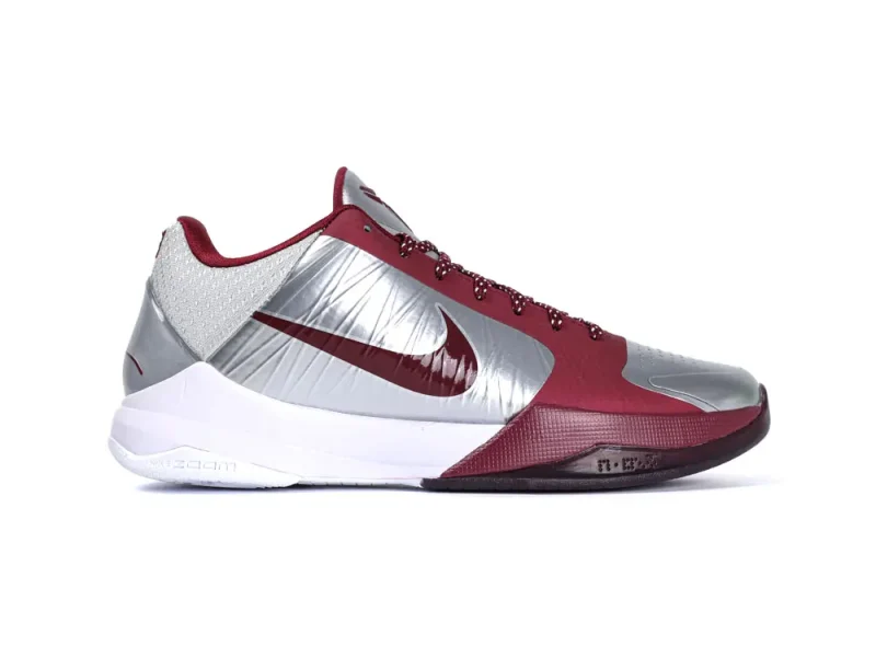 Maroon and silver Kobe sneakers close-up