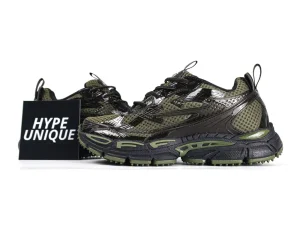 Pair of Off-White Black Be Right Back trainers in dark green and black mesh with chunky sole