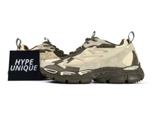 Off-White suede trail sneaker in forest green and sand, side view