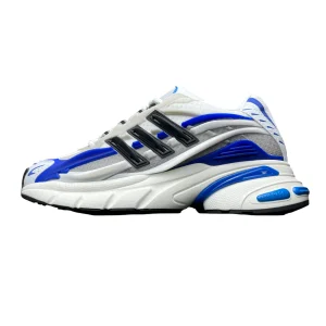 Streamlined sneaker featuring white mesh, blue accents, and black highlights on a textured sole, showcasing dynamic angles and materials.