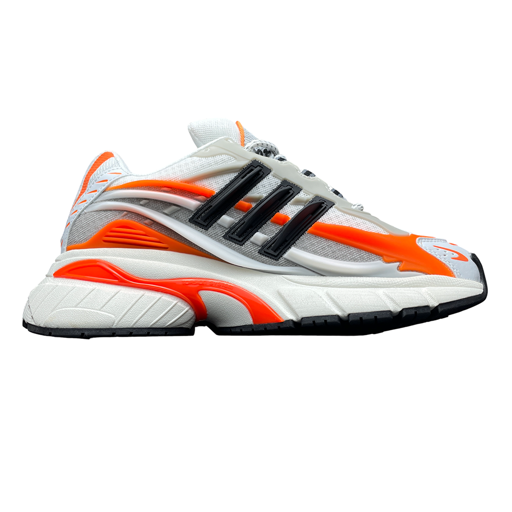 A sleek sneaker featuring white mesh, bold orange accents, black stripes, and a textured sole, angled stylishly for dynamic appeal.