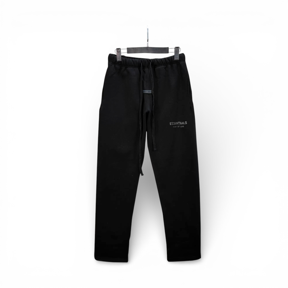 Black cotton sweatpants with drawstring waistband and logo on the thigh.