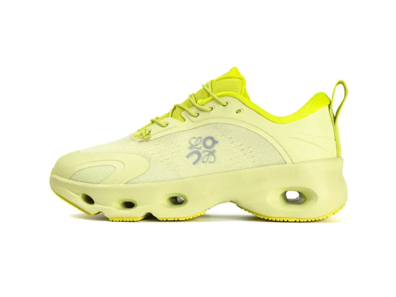 Orange sneaker with unique design.