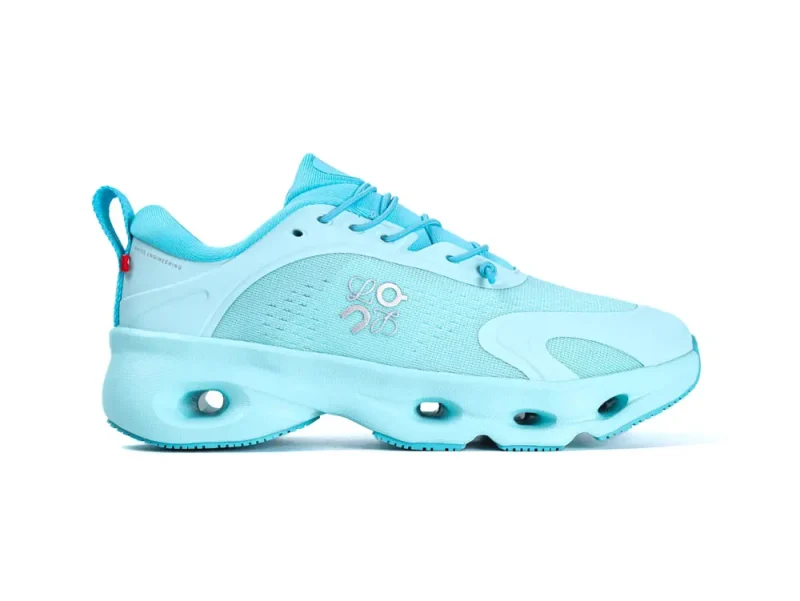 Blue sneakers with unique design.