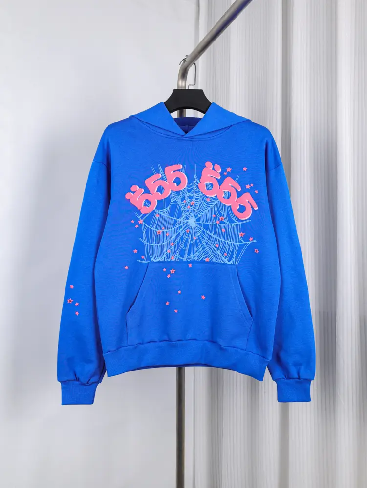 Blue cotton hoodie with pink graphic print and front pocket on hanger.