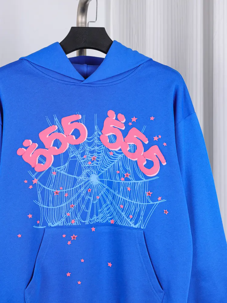 Blue cotton hoodie with pink graphic design and front pouch pocket.