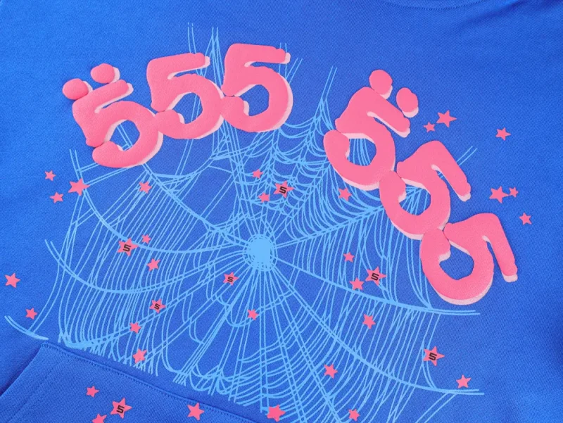 Blue fabric hoodie with pink text and graphic design featuring a spider web.