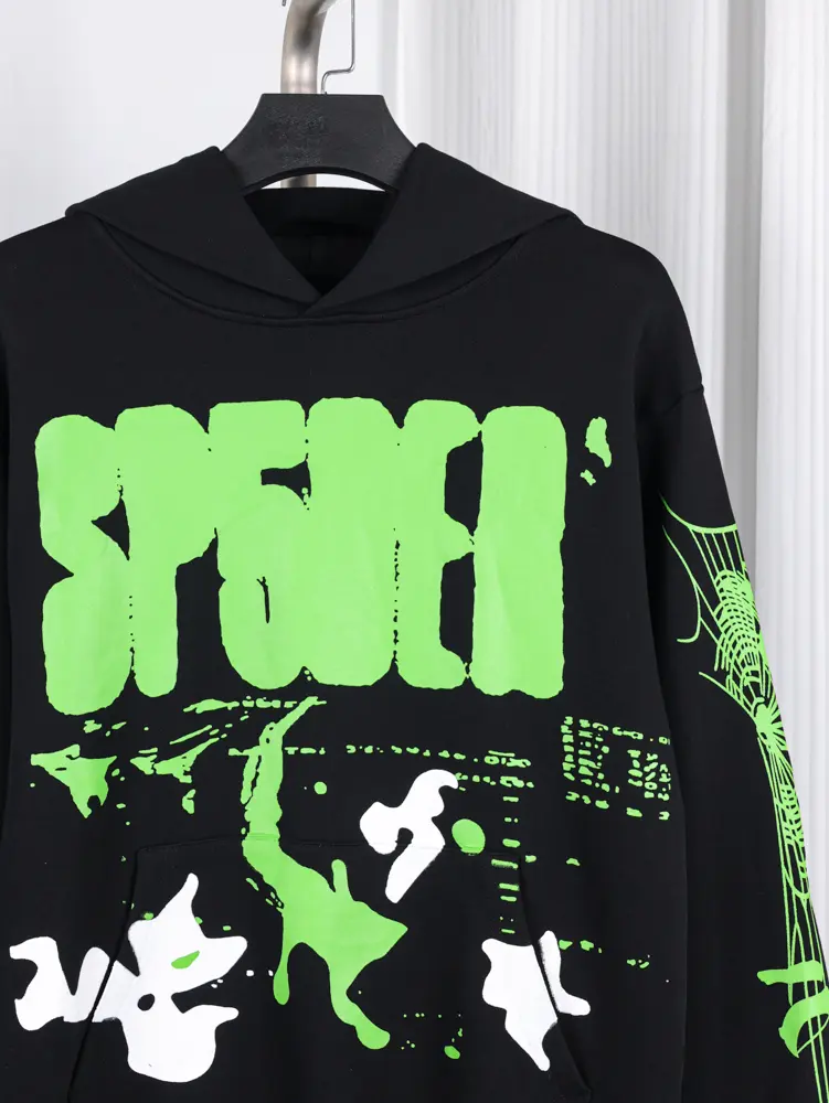Hoodie with green cotton logo detail on the front.