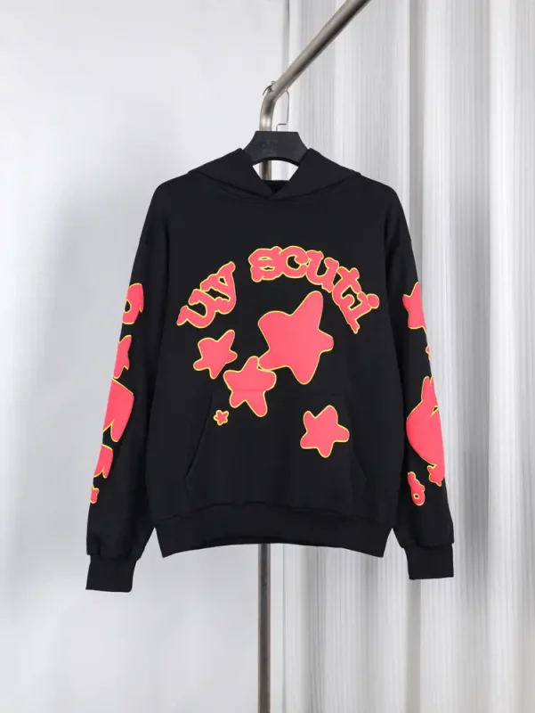 Sp5der x UY SCUTI Hoodie in Black Red.