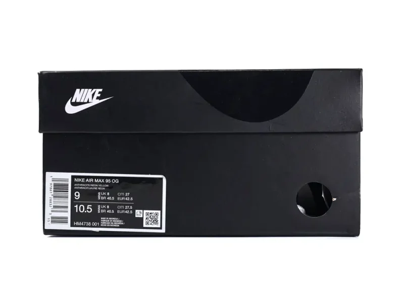 Black cardboard box, Nike branding, white label, featuring shoe size details.